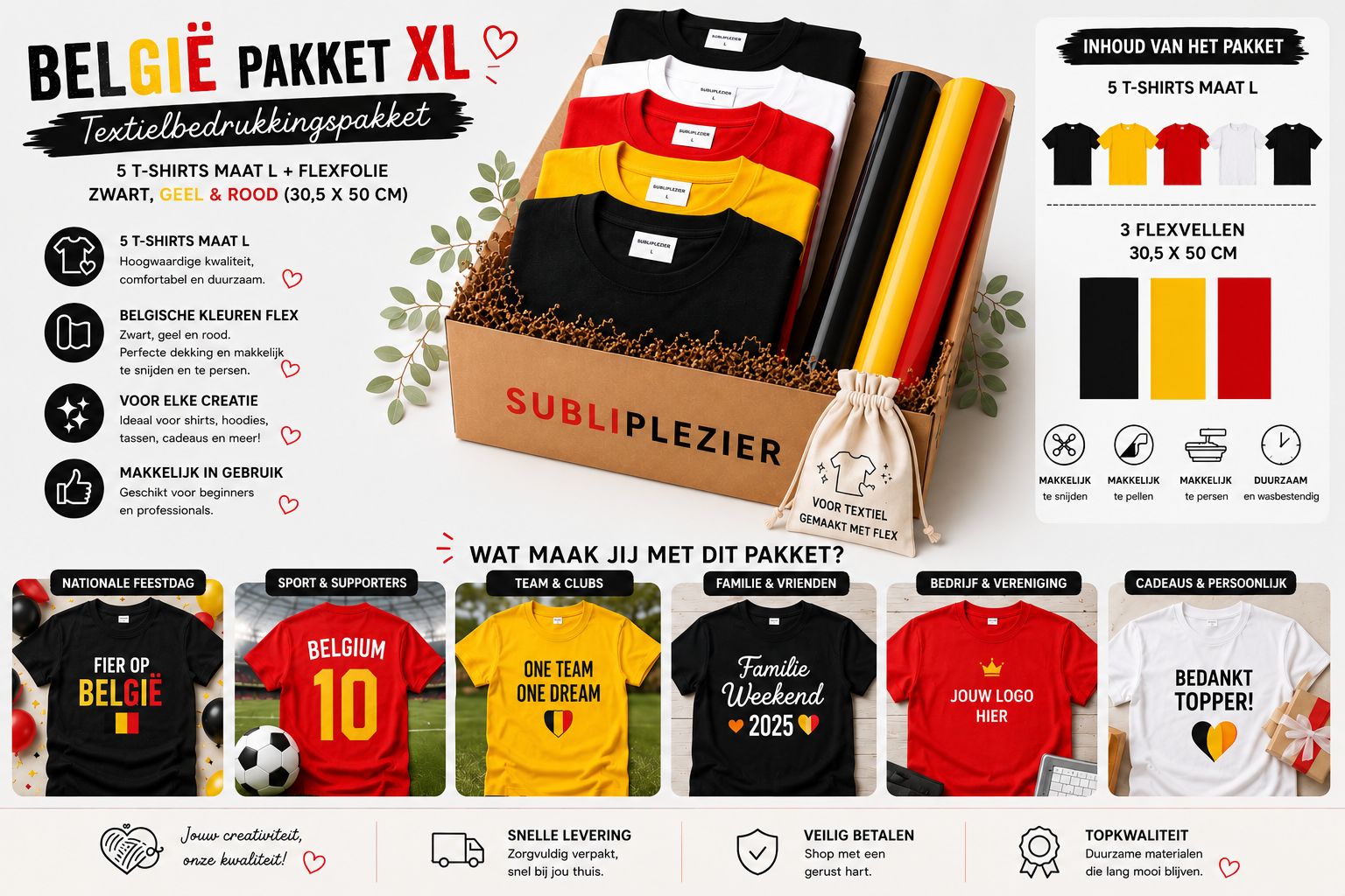 Afbeelding van België Fanpakket XL – Textielbedrukkingspakket met T-Shirts & Flexfolie in Belgische Kleuren